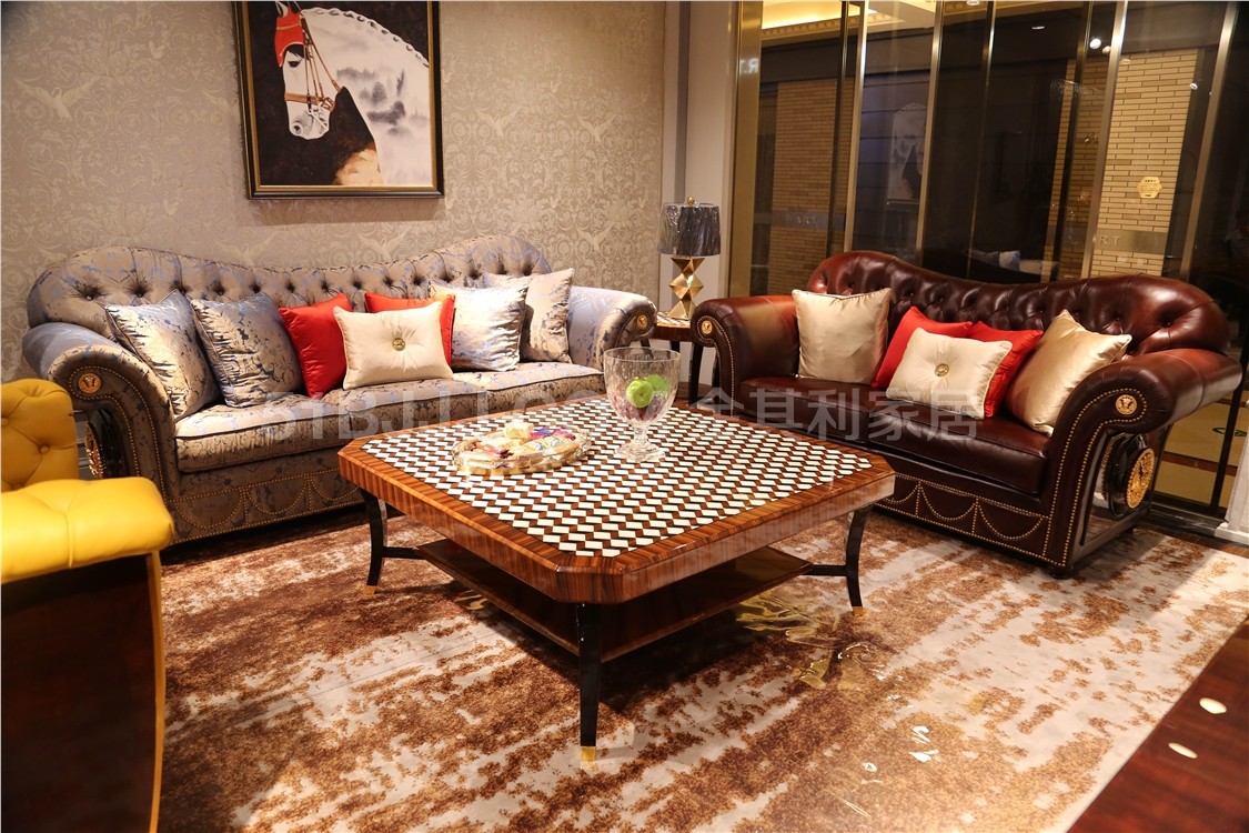 黄铜镀金装饰真皮沙发英式时尚牛津印象欧式立体拼花客厅组合